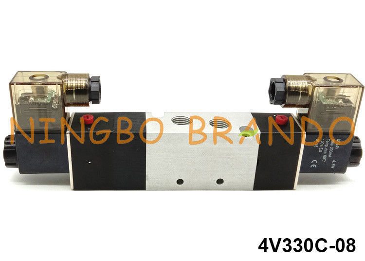 1/4 '' 5 वे 3 पोजीशन 4V330C-08 वायवीय एक्ट्यूएटर DC24V AC220V AC110V के लिए वायवीय सोलेनॉइड वाल्व